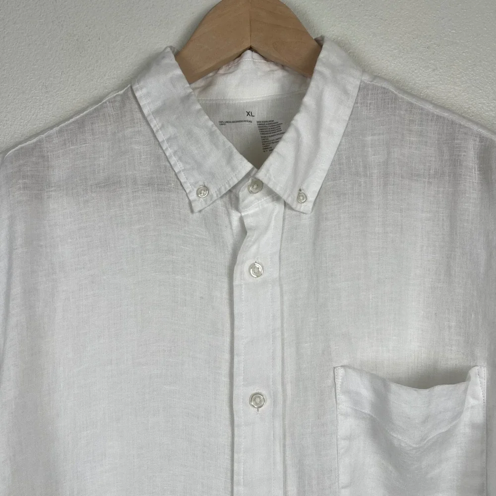 Muji Mens XL White 100% Linen Button Down Shirt 3/4 Sleeve Minimalist Coastal